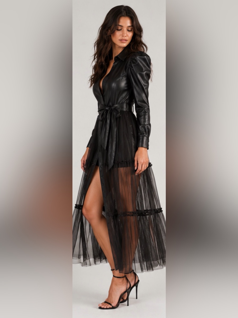 Flying Tomato Faux Leather Tulle Maxi Duster Dress Black Size S Goth